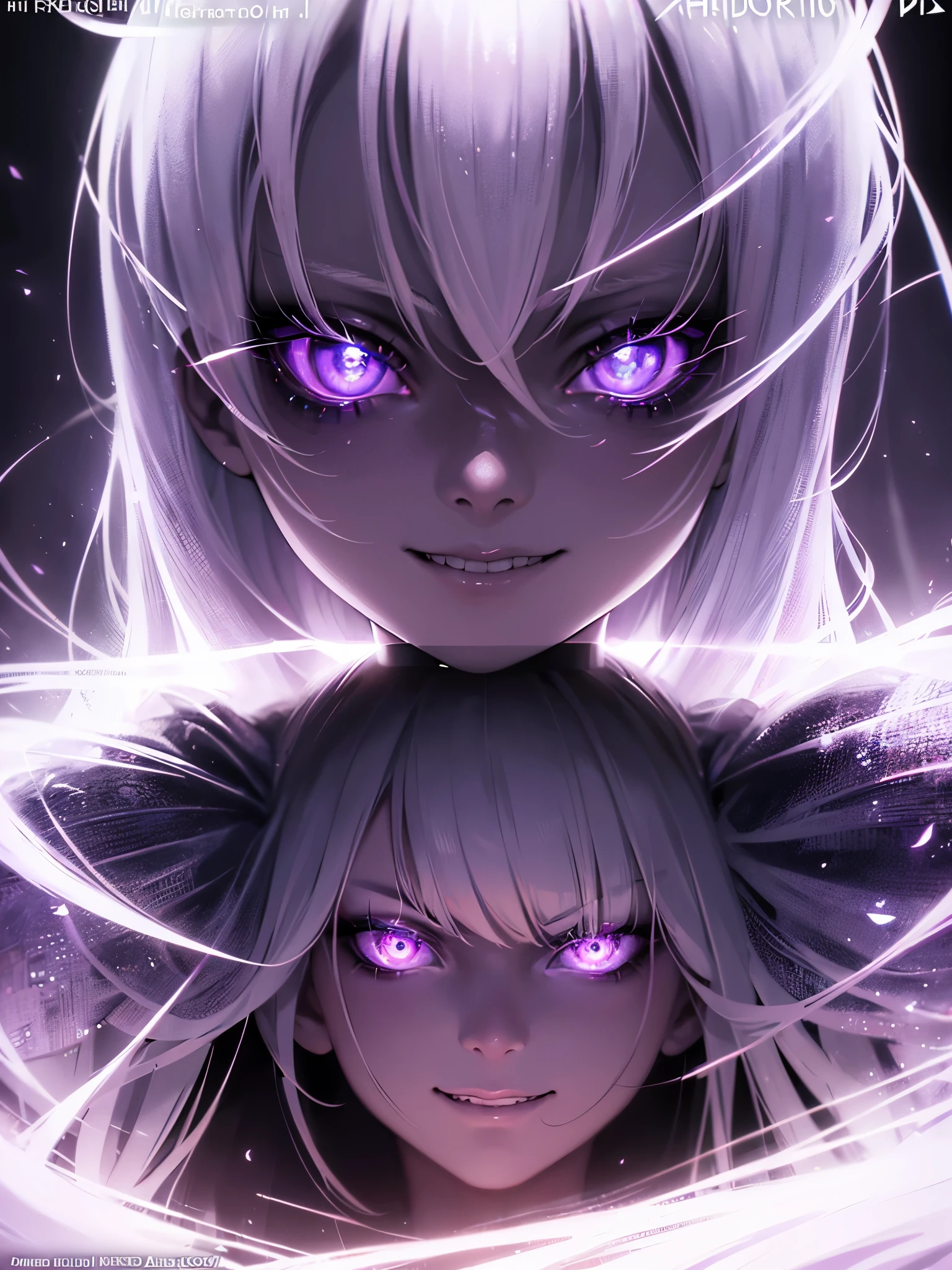 A girl with white hair, purple eyes, glowing eyes, evil smile, shadowed face, dark fantasy portrait, cinematic lighting, atmospheric, dramatic, moody, chiaroscuro, dramatic colors, (best quality,4k,8k,highres,masterpiece:1.2),ultra-detailed,(realistic,photorealistic,photo-realistic:1.37)