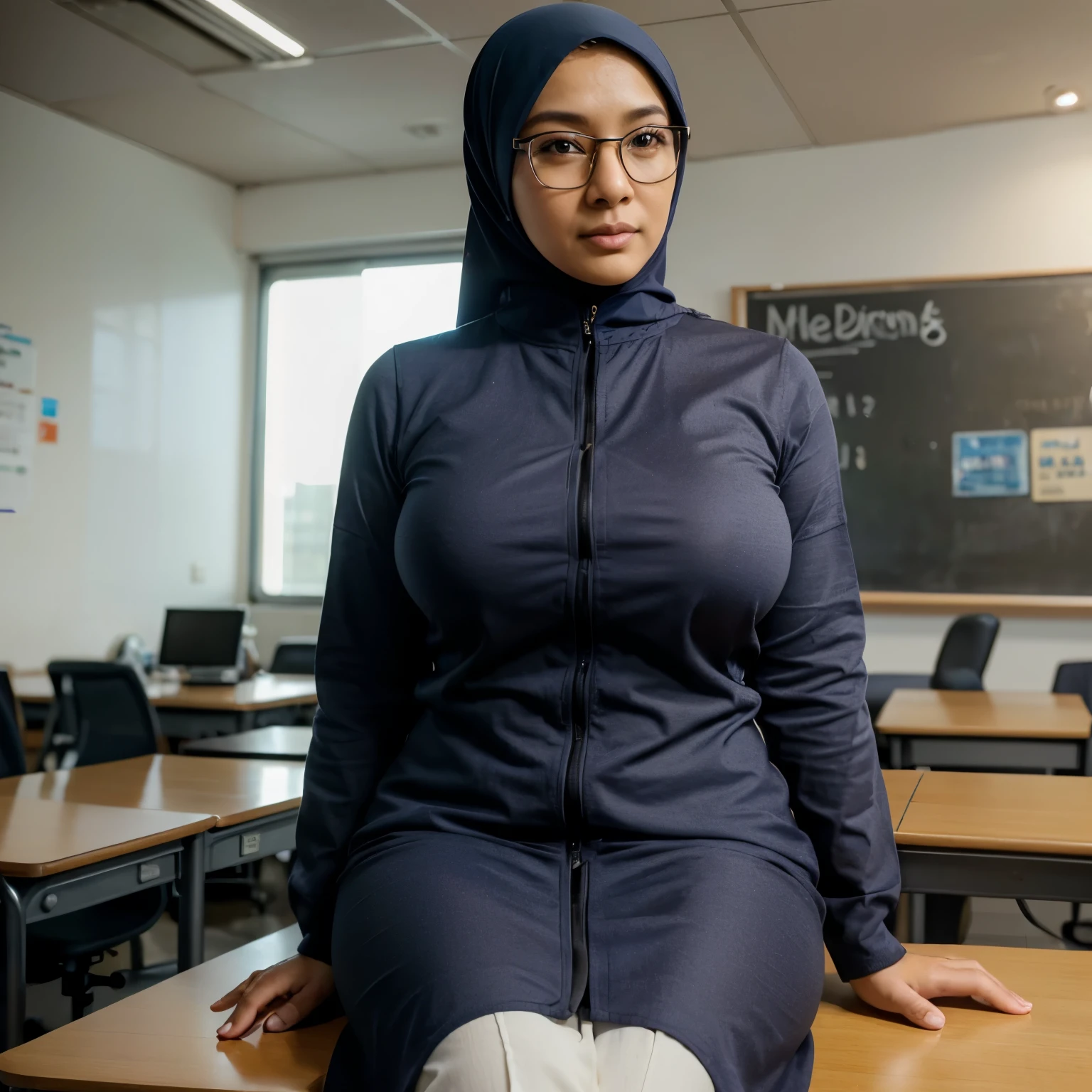 ((beautiful Nerd malaysia college Lecturer woman)), 45 Years old, Middle age woman, name mira filzah brown eye, wearing nerd eyewear,tudung muslim,modernbaju kurung look rich,, unbuttoned baju Kurung, calm,confident,happy, realistic beautiful Curvy body, White Skin Body,looking at viewer, sitting on desk in classroom, (photo, photorealistic:1.37), (ultrahigh-res), half body, walking pose, hyper detailed POV, by lee jeffries, nikon d850, film stock photograph ,4 kodak portra 400 ,camera f1.6 lens ,rich colors ,hyper realistic ,lifelike texture, dramatic lighting , cinestill 800, (huge breasts 1.3)