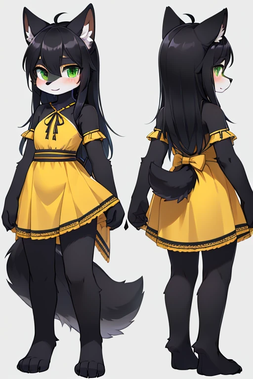 ( Absurdly , High quality , ultra detailed ) ,( hand detailed ) absurdres(highly detailed beautiful face and eyes)perfect anatomy, 1girl, solo, young (concept art, character sheet) (wolf fox) (10-year-old (female black wolf), (flat chest) (bright green eyes), ((black fur, extremely long black hair))) ((wolf girl yellow dress)) Fluffy anthropomorphic wolf fox, Fluffy wolf, wolf tail, Body fur, (detailed eyes) black wolf, yellow cute dress with ribbon, pure black fur, yellow dress, dark blue ribbon, short nose, short snout, cute face (concept art, character sheet) young girl kemono, knee length hair, adorable, cute shy posture, looking at viewer ((extremely detailed fur)) (extremely detailed eyes) calm (((concept art, character sheet, (multiple views)))) ((adventure clothing (cute dress))), bright green eyes, hair goes down to feet, extremely long hair barefoot 