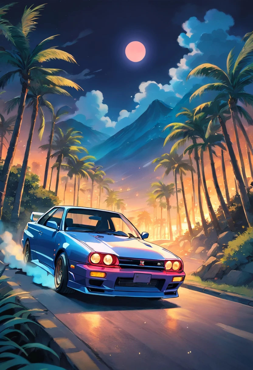 sticker design, nissan skyline car,  night background, palm trees, 5 layers colors, drifting in mountain road, smoke from tyres