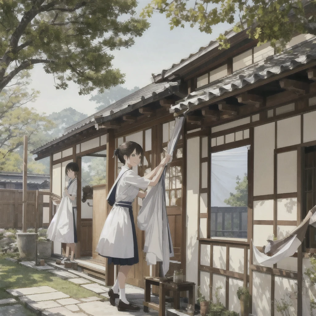 (masterpiece, highest quality), anime, 1 female, Luxurious Japanese-style room, apron, smile, Cheerfulness, Innocence, Clothesline, cleaning, Drying sheets outdoors, good, profile,
