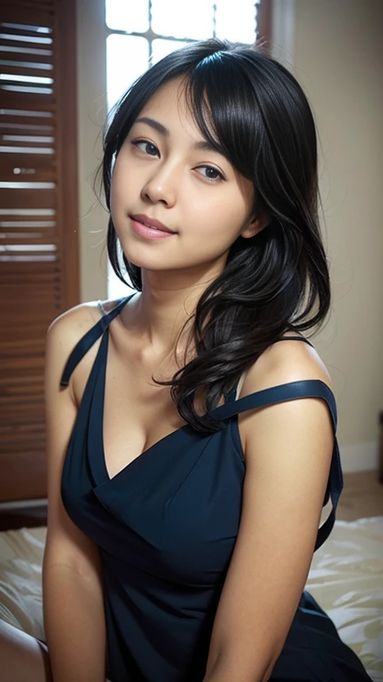 Gentle portrait of a beautiful Asian woman, flowing  hair, captivating blue eyes, delicate features, radiant smile, natural makeup, elegantly dressed, gentle expression, slight blush, warm skin tones, fantastic lighting, soft shadows, high-resolution digital painting, realistic style, artistic interpretation, by a skilled portraitist.