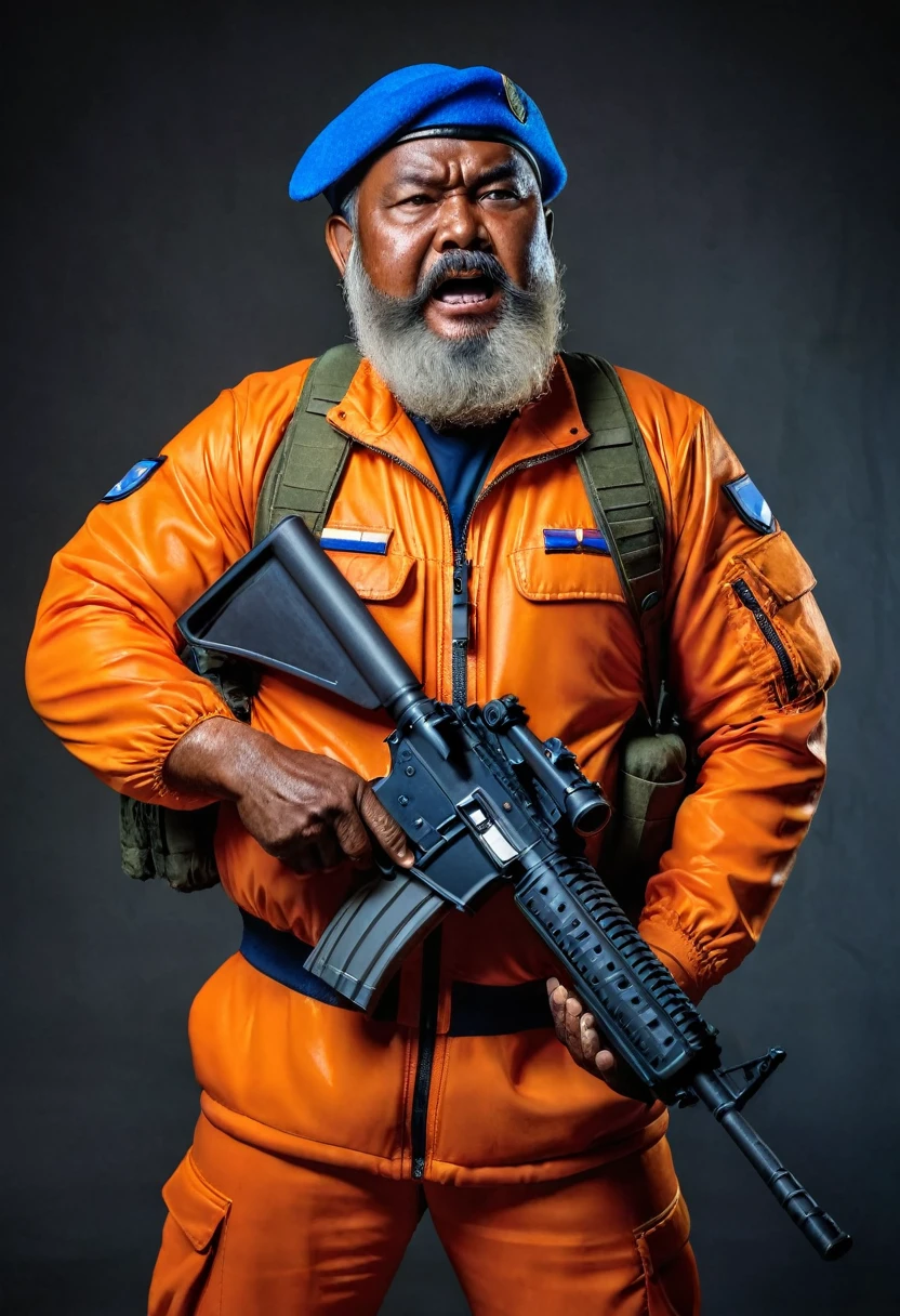 (a dark-skinned bearded fat old man in a orange pilot suit) holding a gun and (wearing blue army beret on his head), muscular, Basuki Abdullah, sumatraism, action, a character portrait, heroic, fierce, snarling