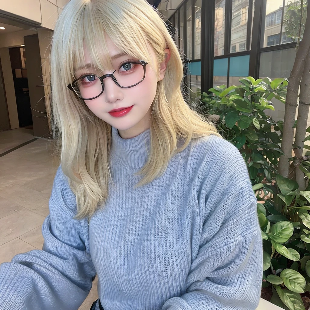 highest quality, shape, Very detailed, finely, High resolution, 8k wallpaper,, finelyて美しい目, Wearing a pale blue knit,Medium Hair,Natural color lip, smile、cute、Blonde、The background is the city、Upper Body、Long legs、Wearing glasses、22 years old