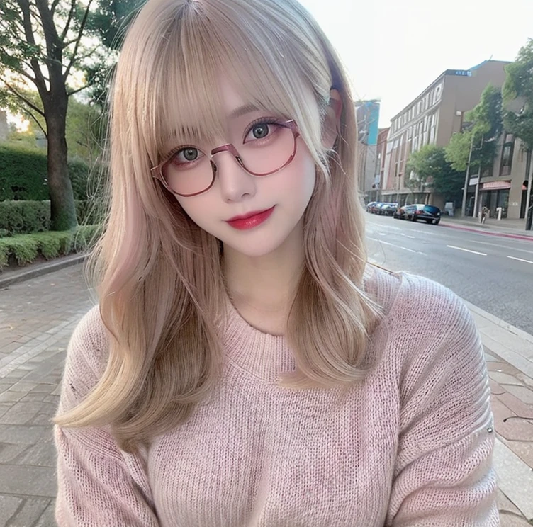 highest quality, shape, Very detailed, finely, High resolution, 8k wallpaper,, finelyて美しい目, Wearing a pale pink knit,Medium Hair,Natural color lip, smile、cute、Blonde、The background is the city、Upper Body、Long legs、Wearing glasses、22 years old
