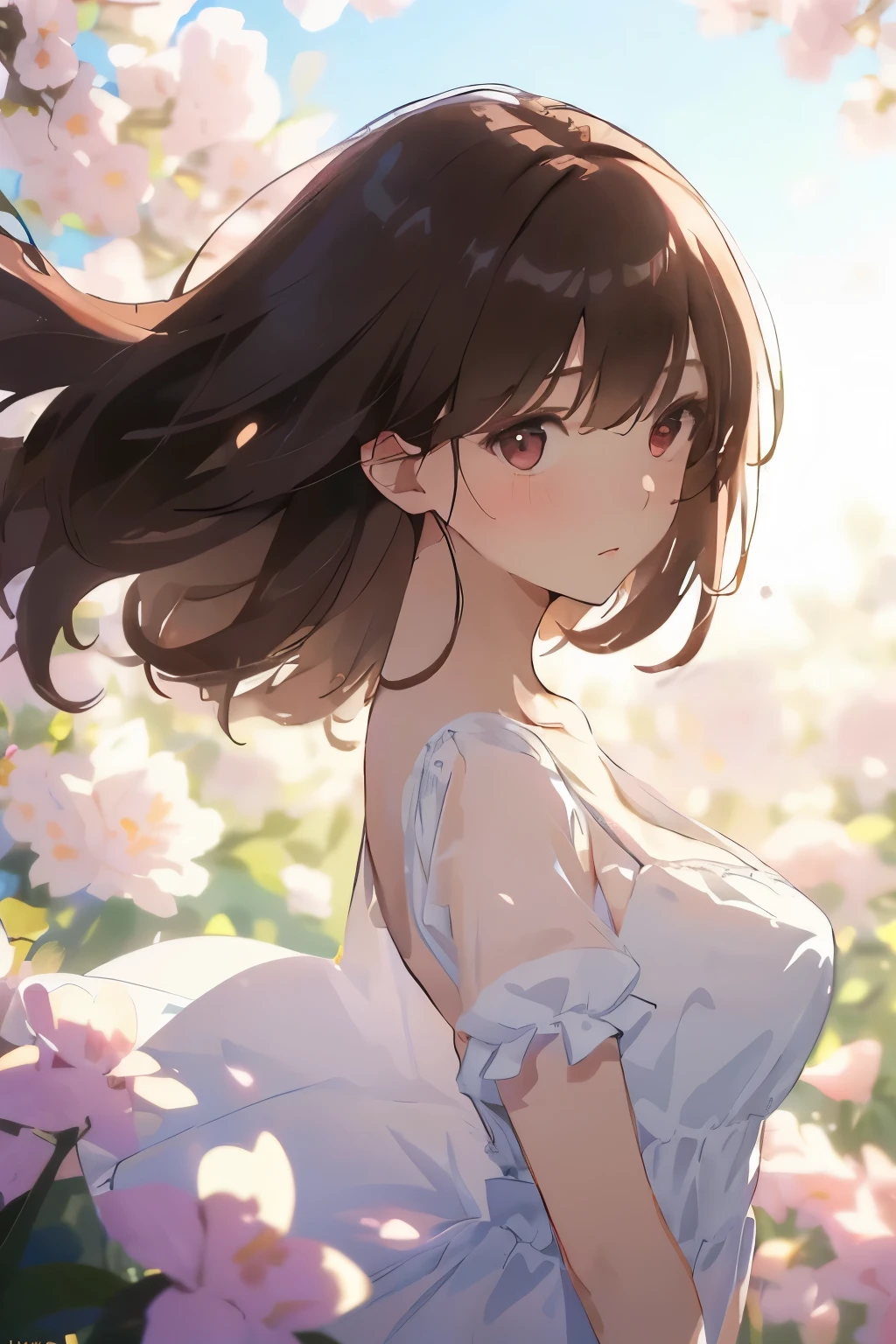 best quality, masterpiece, solo, 1 Female、Age 25、Larger breasts、(Cleavage)、(Slender figure)、sheer white dress、From the side、Poses that emphasize the chest、(White highlight in pupil:1.2)、Dark reddish brown eyes、(Black-haired:1.2)、(Medium Hair)、(View your viewers:1.2)、White skin、(blush)、(Embarrassed look)、(I blur the background a lot to make the woman stand out.:1.3)、(The sunlight shines in)、Half backlight、(Beautiful flowers in the background)、The wind is blowing