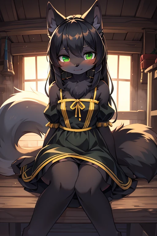 ( Absurdly , High quality , ultra detailed ) ,( hand detailed ) absurdres(highly detailed beautiful face and eyes)perfect anatomy, 1girl, solo, young, (wolf fox) (10-year-old (female black wolf), (flat chest) (bright green eyes), ((black fur, extremely long black hair))) ((wolf girl yellow dress)) Fluffy anthropomorphic wolf fox, Fluffy wolf, wolf tail, Body fur, (detailed eyes) black wolf, yellow cute dress with ribbon, pure black fur, yellow dress, dark blue ribbon, short nose, short snout, cute face, young kemono, knee length hair, adorable, cute shy posture, looking at viewer ((extremely detailed fur)) (extremely detailed eyes) calm ((adventure clothing (cute dress))), bright green eyes, hair goes down to feet, extremely long hair barefoot 