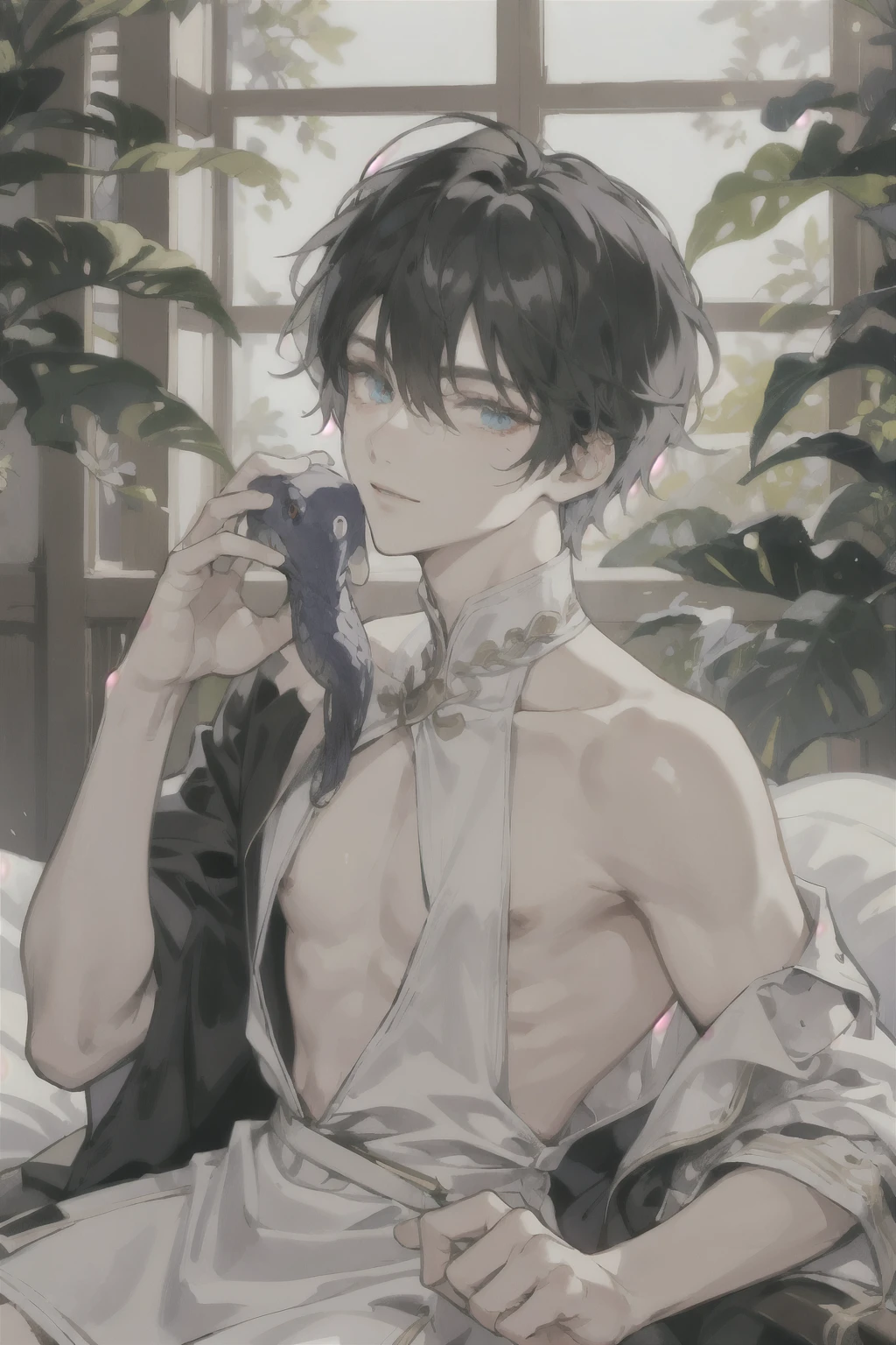 masterpiece, best quality, ultra detailed, (solo man), (male focus), ((Oblong face)), ((Square jawline)), black hair, ((hairs between eyes)), ((shoulder length)), ((narrow blue eye)), fair skin, skinny body, beauty mark, {uniform, outfit, clothes}, (nup, negligee:1.2), (Giving an insincere smile:0.7), (Frolicking with a big albino snake), wariza on a bed, (completely nude:1.0)