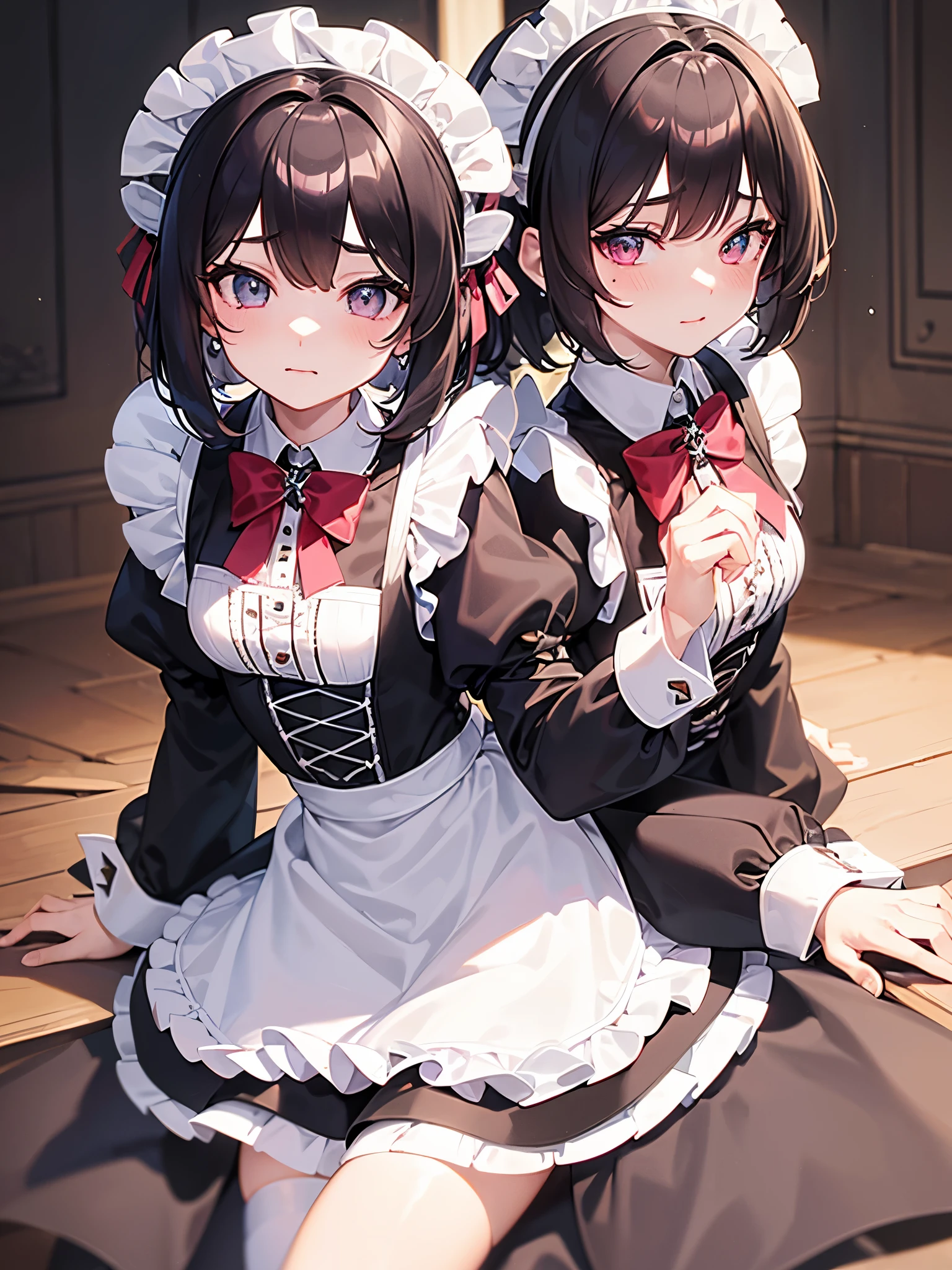 (Meisterwerk, Best quality, 8k, sehr detailliert, highres, Ultra-detailliert, perfekte Augen), 1 girl, Rosa Augen, thin body, pinku pawlette, kurzes Haar, ((Maid uniform)), Socks, (Cowboy-Schuss)