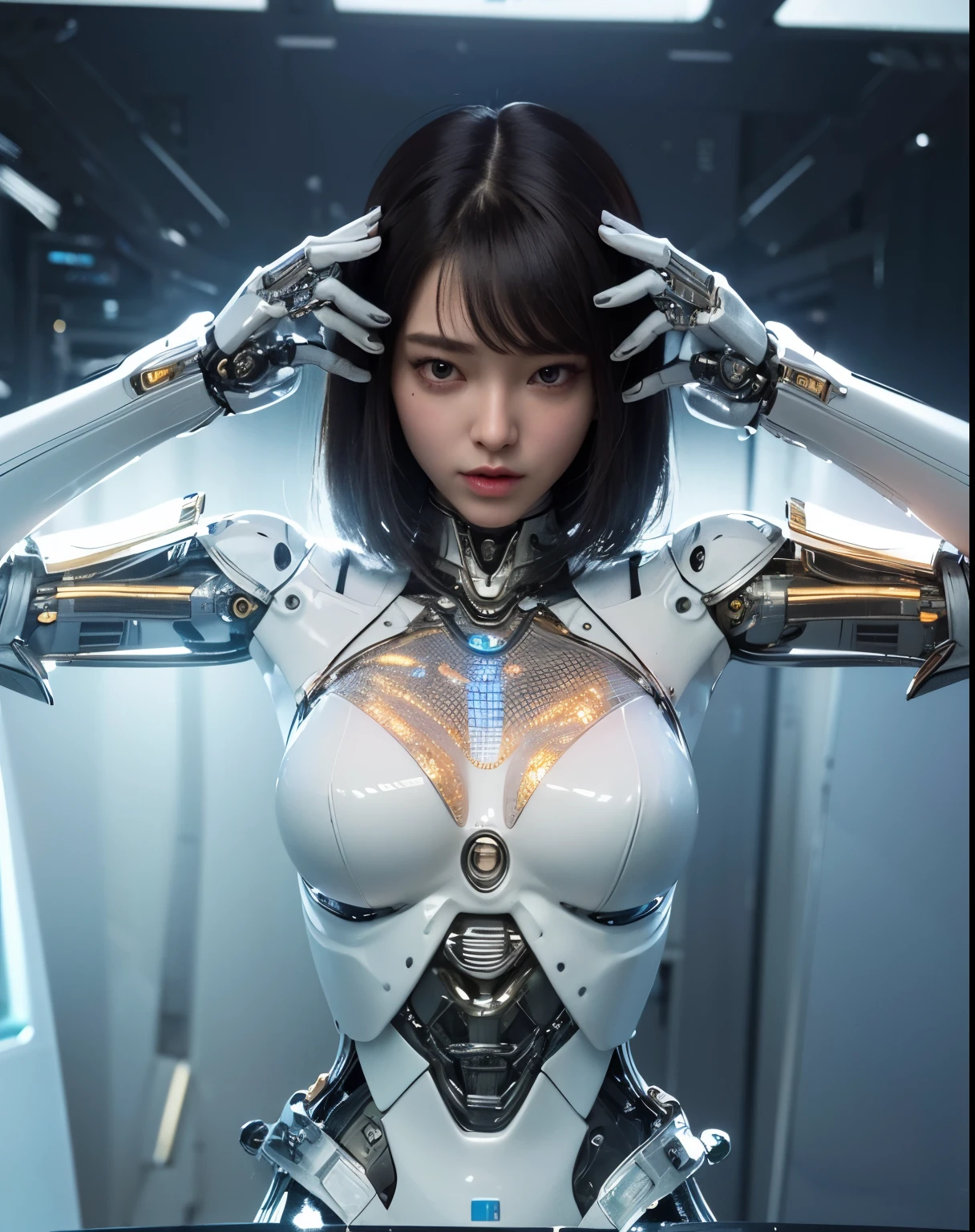 top-quality、masterpiece、超A high resolution、(Photorealsitic:1.4)、((a beauty girl:1.6)), 1 full-body cyborg girl、sixteen years old、NOhumans、((The skin part is only the face)), Luminous Eyes、((Lots of split metal chest protectors)), Metal Robot、((The whole body is the body of a combat robot))、((Body parts are robot parts:1.8))、((The internal mechanisms of the chest are exposed)), ((Mechanical chest armor with LED indicators and meters)), Robot arms and legs、((Exposed metal skeleton of the abdomen))、Metal skeleton of the cervical region、Under repair、destroyed body、Metal Mechanical Bra、Full Body Metal Skin、Metal bodysuit、Metal scales covering the whole body、body made of metal、Whole body metal、a beauty girl、prosthetic hand、artificial leg、Full body cyborg、Exposed metal skeleton、Asian Beauty、cyberpunked、steampunc、Inside the futuristic space battleship、laboratory、Complex 3d rendering beautiful porcelain profile ultra detailed female type android face、dark brown hair、glowy skin、((super realistic details))、portlate、globalillumination、Shadow、octan render、metals、Details of complex ornaments、Japan details、highly intricate detail、Realistic light、CGSoation Trends、a purple eye、radiant eyes、Facing the camera、neon detailechanical limbs、blood vessels connected to tubeechanical vertebrae attached to the back、mechanical cervical attaching to neck、sitting on、Wires and cables connecting to the head、Gundam、Small LED lamp、masterpiece、 Metal Robot、body made of metal、Whole body metal、prosthetic hand、artificial leg、Full body cyborg、Exposed metal skeleton、Asian Beauty、cyberpunked、steampunc、Futuristic cities、laboratory、Complex 3d rendering beautiful porcelain profile super detailed female android face、cyborgs、roboticparts、150mm、beautiful studio soft light、Rim Lights、vibrant detail、luxuriouscyberpunk、Ren Hao、surrealistic、Anatomical、face muscles、cable electric wireicrochips、elegent、beatiful backgrounds、octan render、HR Giger Style、8K、top-quality、masterpiece、illustratio、extremely delicat