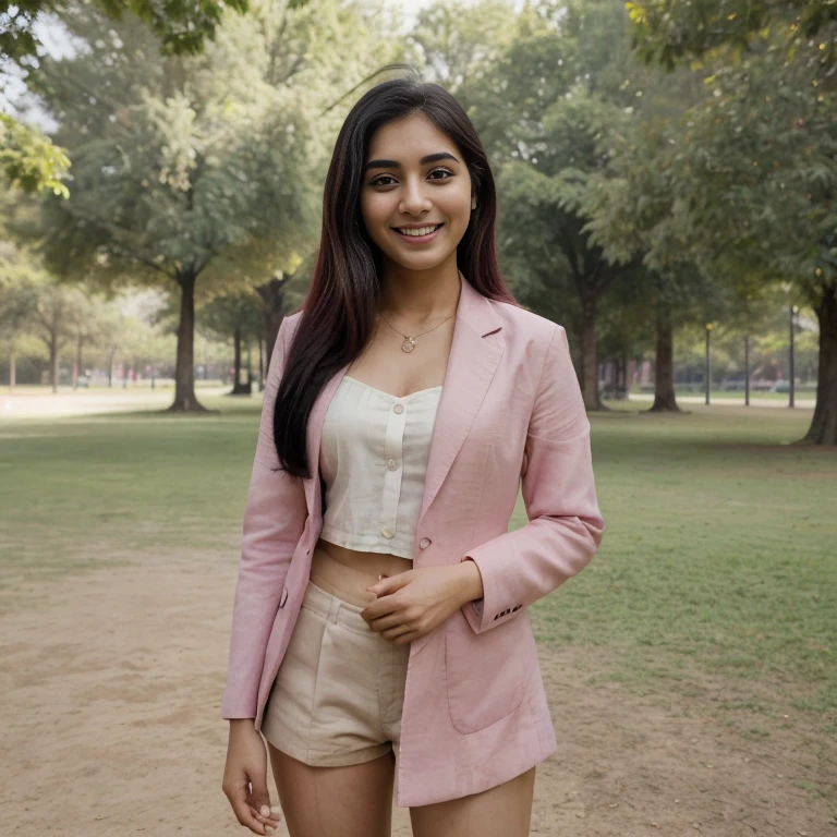 ((best quality)), ((masterpiece)), (detailed), perfect face, indian girl 27, black hair, wearing suit, smiling, hyper realistic, standing in a park, iphone shot, fair complexion, pink hair