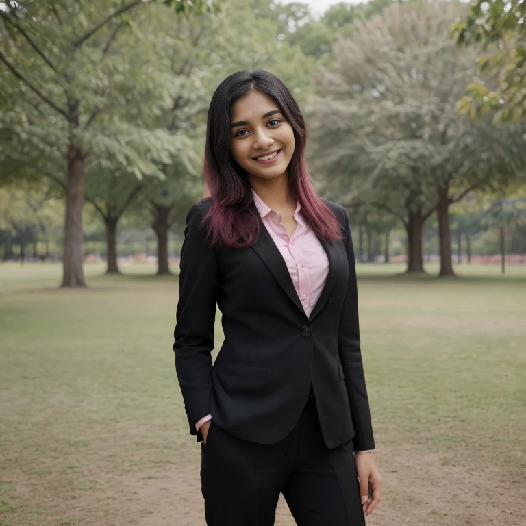 ((best quality)), ((masterpiece)), (detailed), perfect face, indian girl 27, black hair, wearing suit, smiling, hyper realistic, standing in a park, iphone shot, fair complexion, pink hair