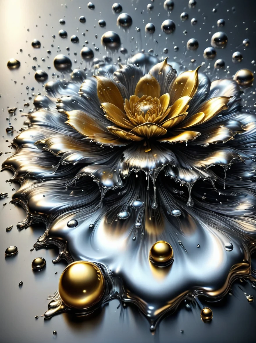 (A liquid metal phone:1.5), liquid metal droplets, falling metal rain, Metal water droplets, Shiny liquid metal, Reflective Surface, Abstract Art, Futuristic design