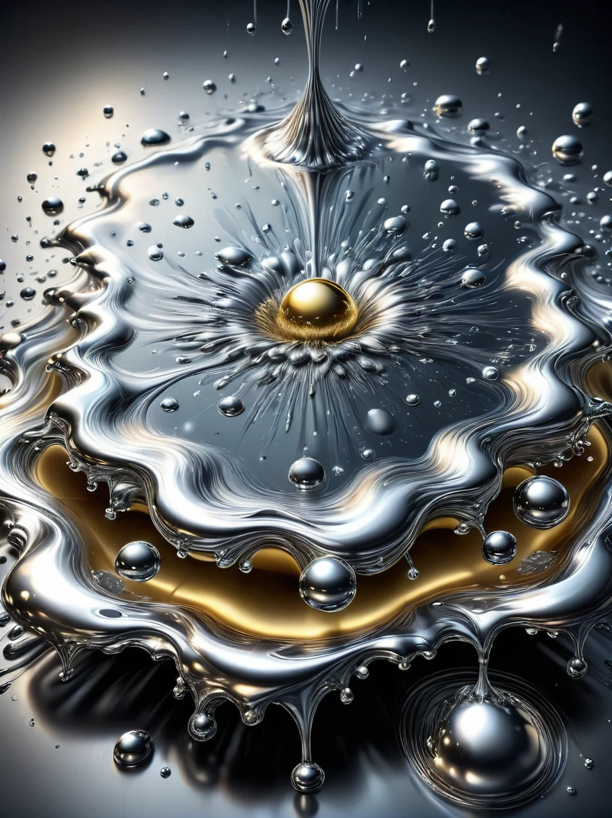 (A liquid metal phone:1.5), liquid metal droplets, falling metal rain, Metal water droplets, Shiny liquid metal, Reflective Surface, Abstract Art, Futuristic design