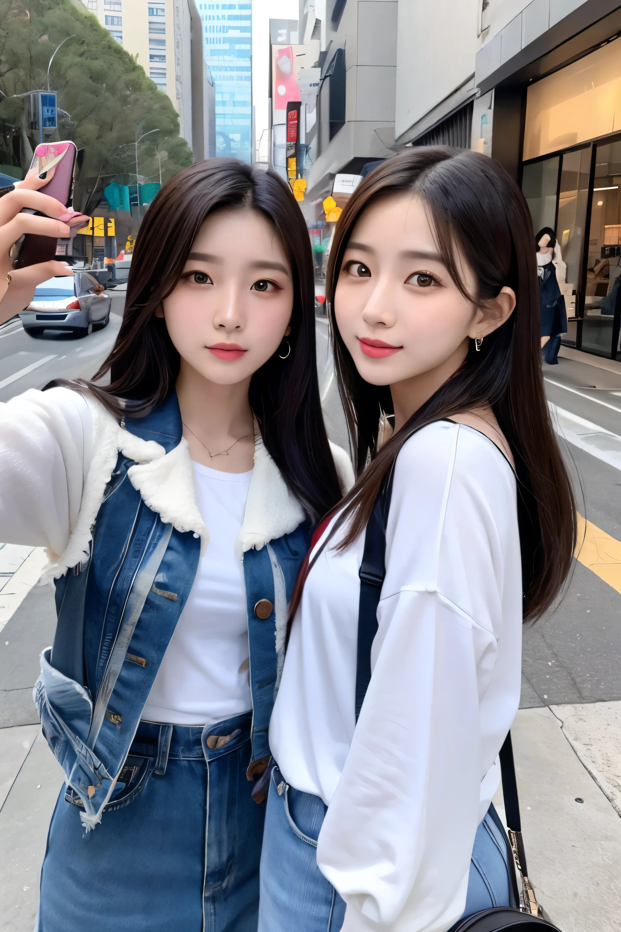 Two Asian women taking a selfie on the street, 8K Selfie, Ulzzang, Beautiful sisters,portrait, Beautiful Gemini, Popular Korean makeup, Beautiful SF Twins, With twins, beautiful highly symmetric faces,With a cute - lovely - face,