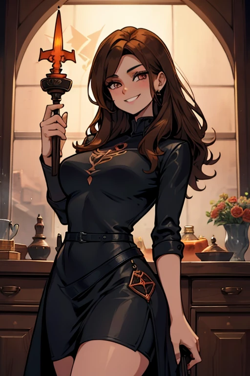 A brown haired female witch with copper eyes and an hourglass figure in a leather jacket and a t-shirt dress is summoning a flower with a big smile