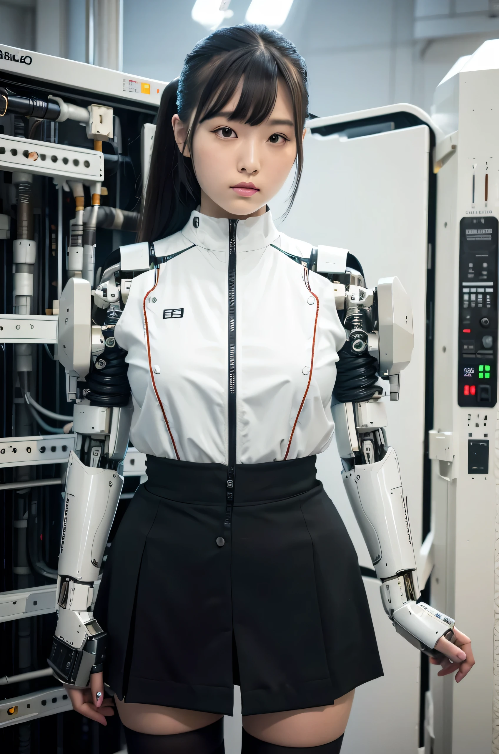 masterpiece, best quality, extremely detailed, Japaese android girl,Plump , control panels,android,Droid,Mechanical Hand, Robot arms and legs, Black hair,Blunt bangs,perfect robot girl,long tube,thick cable connected her neck,android,robot,humanoid,cyborg,japanese cyborg girl ,future laboratory,connecting a cable between the legs,skirt, high socks