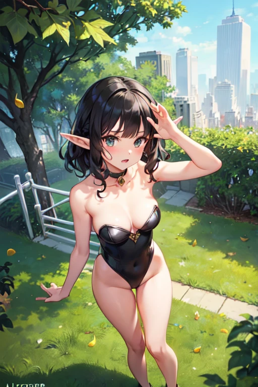 ((best Beautiful elf Girl, medium black hair, waved hair, leaf leotard,long arms, long legs, cowboy shot, archer ,outdoor, new York,full body , view from above,shock face,((masterpiece)), (detailed), perfect face
