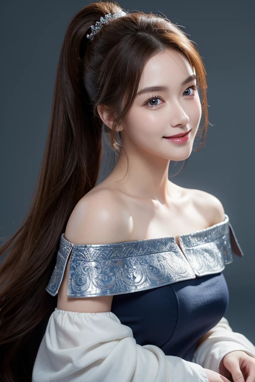(best quality), (masterpiece), (high resolution), (intricate details:0.2), (professional lighting), simple background, chinese armor, off shoulder, (previous view), 1girl, solo, (beautiful face:1.40), curvaceous body, fine skin, smile, long ponytail brown hair, sky blue eyes, (big breasts:1.10), see at viewer