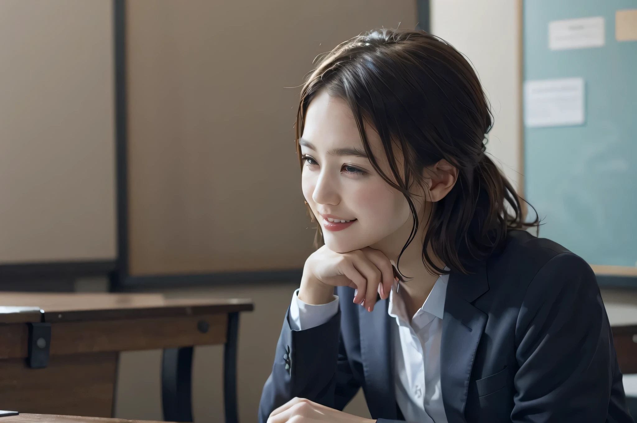 Teacher teaching、(8k、RAW Photos、highest quality、masterpiece:1.2)、(Realistic、Realistic:1.37)、Very detailed、超A high resolution、Female teacher and male student、Beautifully detailed face、A smile showing just a few teeth、narrow、(Slim waist) :1.3)、((Wearing a suit))、Beautiful and detailed skin、Skin Texture、Floating Hair、Teachers and students、Professional Lighting、Bright room、Bright classroom、Human whole body、Black Hair、I have a book、