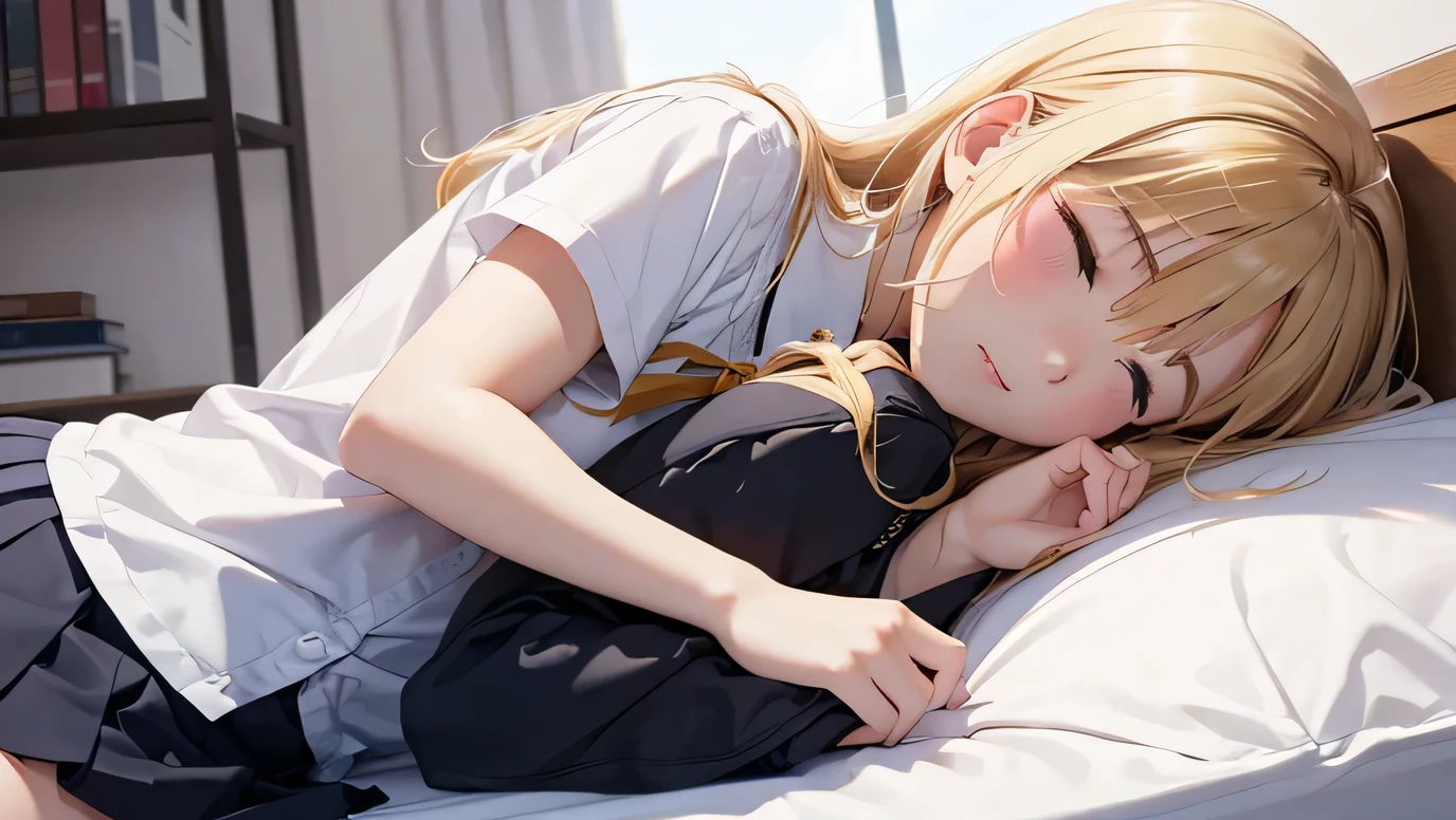 Masterpiece、highest quality、A girl in a is sleeping、beautiful girl、High school girls、Natural fingers、Wearing a uniform、Blonde、Short skirt