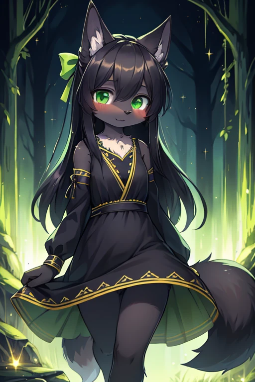 ( Absurdly , High quality , ultra detailed ) ,( hand detailed ) absurdres(highly detailed beautiful face and eyes)perfect anatomy, 1girl, solo, young, (wolf fox) (10-year-old (female black wolf), (flat chest) (bright green eyes), ((black fur, extremely long black hair))) ((wolf girl yellow dress)) Fluffy anthropomorphic wolf fox, Fluffy wolf, wolf tail, Body fur, (detailed eyes) black wolf, yellow cute dress with ribbon, pure black fur, yellow dress, dark blue ribbon, short nose, short snout, cute face, young kemono, knee length hair, adorable, cute shy posture, looking at viewer ((extremely detailed fur)) (extremely detailed eyes) calm ((adventure clothing (cute dress))), bright green eyes, hair goes down to feet, extremely long hair barefoot, (controlling green fire), sparkles, beautiful background, bright forest background,