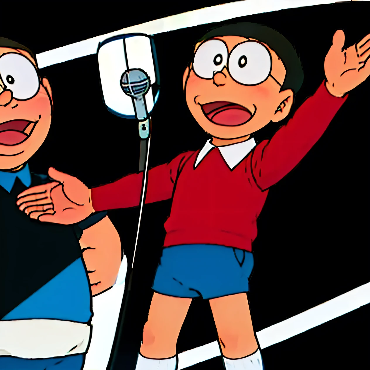 a boy，Nobita，short hair，Red sweater，Blue shorts，(((Singing with a microphone))),