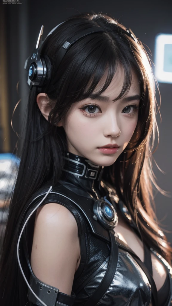 (8K, masterpiece, best quality), Extremely detailed, Delicate and beautiful round eyes, Delicate face, high quality, high resolution, Cyberpunk girl wearing sexy outfit, , Mecha Girl, Long and straight hair, ruins, elegant, 