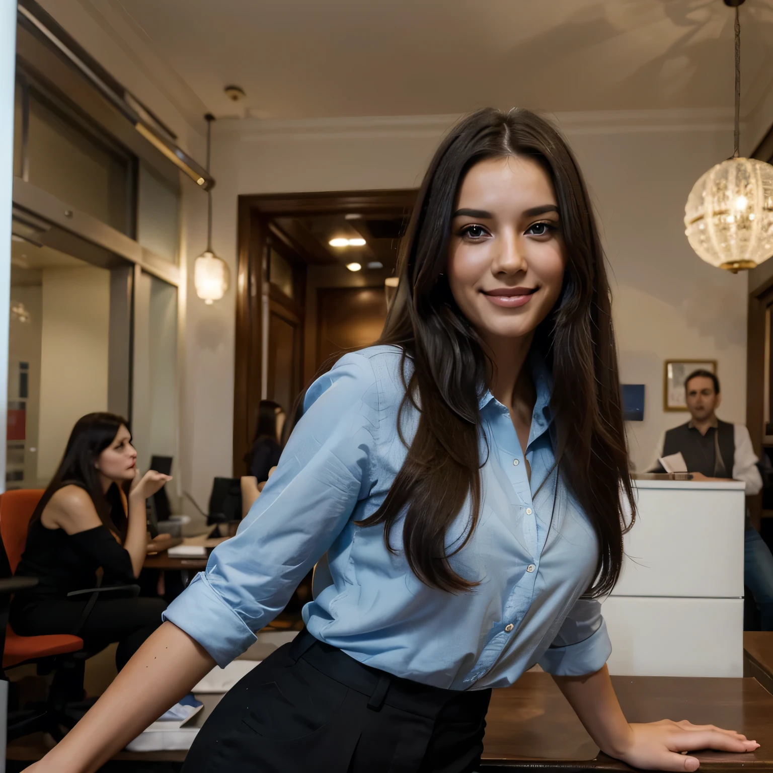 (Best quality, high resolution, ultra detailed: 1.2), HDR, vivid colors, beautiful brunette girl with long black hair, sexy, in the office, Spain, posing, lively atmosphere, impressive view, elegant shirt and pants, cheerful expression, Long flowing hair, bustling crowd, detailed smile and face, blue eyes, Carefree moments. Super detailed, high quality, in the main square of Madrid