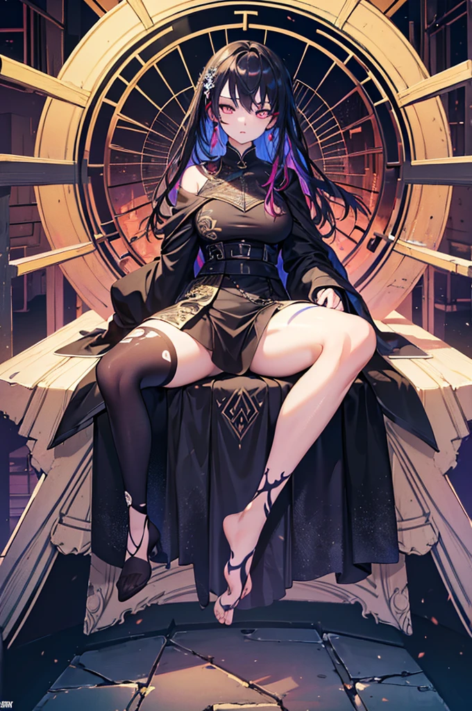 ((masterpiece)),1 girl, ultra detailed, ultra definition painting, dress, vivid color, glaring to viewer, aura, precise background, (geometry tattoo), (cinematic), elaborate, (gritty), sitting, ((open legs)),