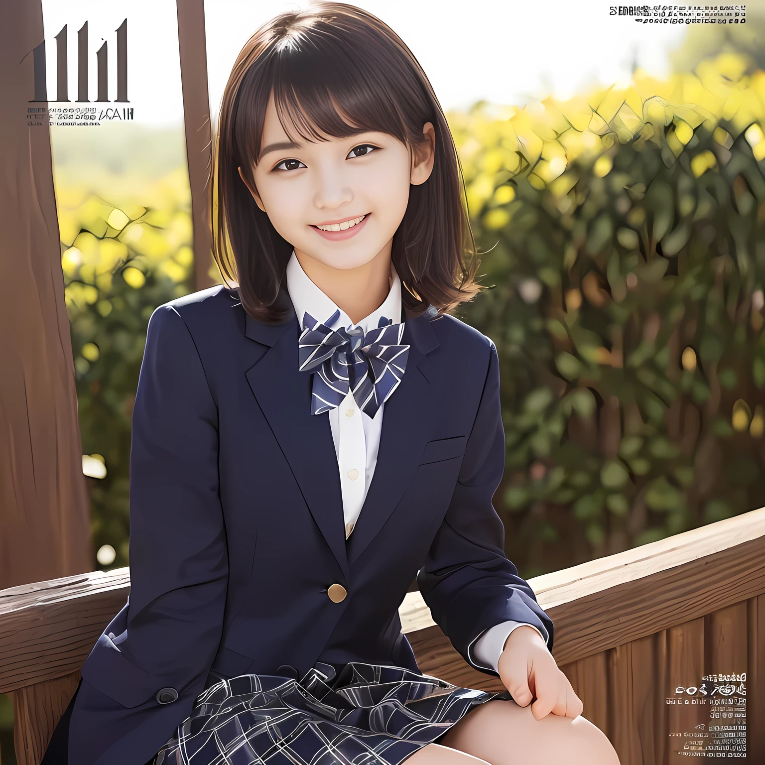 (highest quality, masterpiece:1.2), highest quality, Realistic, photograph, High resolution, 1080p, 8K, Physical Rendering, ((Height: 158cm)), Japanese girl、((((((A 14 year old beautiful Japanese magazine idle is looking at the viewer)))))), (((big very detailed beautiful dark brown eyes))), ((((laughing at me!)))), detailed fingers, (((curled blunt bangs))), ((((Very large and cute eyes, carefully drawn with great attention to detail)))), ((double eyelids)), (((long eyelashes))), ((cute lovely lovely laughing laughing cheeks)), ((The pure white light hits my nose and cheeks. Her eyes and white facial skin shine beautifully white.)), (((((Her facial features are very expressive lovely smile, very sweet, very very intelligent))))), ((((impressive plain navy large school ribbon bow tie in plain)))), ((((black very beautiful bobbed hair)))), (blue and navy colored tartan checkered formal long pleated pleated skirt), (((A formal dark blue blazer in solid that is slightly oversized and with a golden emblem))), ((As elegant as a noble princess))