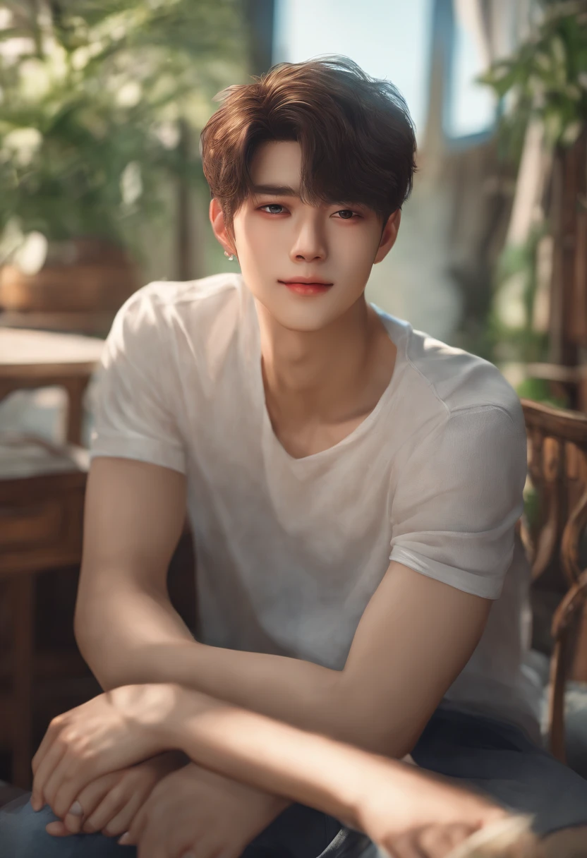 (absurdres, highres, ultra detailed, HDR), masterpiece, best quality, solo focus, 1 boy , korean face, webtoon, movie, boy character ,short hair, handsome kind and smile face, anime eyes, casual clothes, detailed interior, detailed character, summer