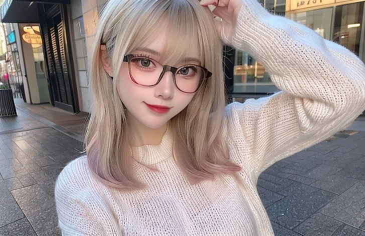 highest quality, shape, Very detailed, finely, High resolution, 8k wallpaper,, finelyて美しい目, Wearing a pale pink knit,Medium Hair,Natural color lip, smile、cute、Blonde、The background is the city、Upper Body、Long legs、Wearing glasses、22 years old