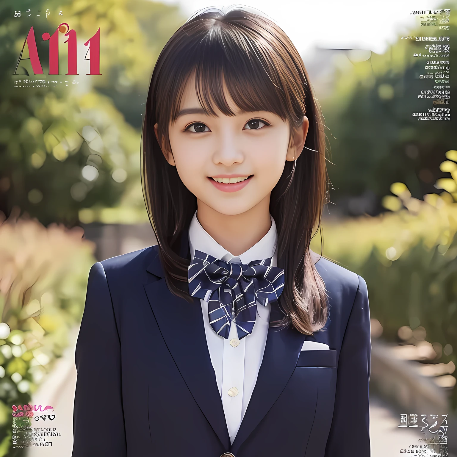 (highest quality, masterpiece:1.2), highest quality, Realistic, photograph, High resolution, 1080p, 8K, Physical Rendering, ((Height: 158cm)), Japanese girl、((((((A 14 year old beautiful Japanese magazine idle is looking at the viewer)))))), (((big very detailed beautiful dark brown eyes))), ((((laughing at me!)))), detailed fingers, (((curled blunt bangs))), ((((Very large and cute eyes, carefully drawn with great attention to detail)))), ((double eyelids)), (((long eyelashes))), ((cute lovely lovely laughing laughing cheeks)), ((The pure white light hits my nose and cheeks. Her eyes and white facial skin shine beautifully white.)), (((((Her facial features are very expressive lovely smile, very sweet, very very intelligent))))), ((((impressive plain navy large school ribbon bow tie in plain)))), ((((black very beautiful bobbed hair)))), (blue and navy colored tartan checkered formal long pleated pleated skirt), (((A formal dark blue blazer in solid that is slightly oversized and with a golden emblem))), ((As elegant as a noble princess))