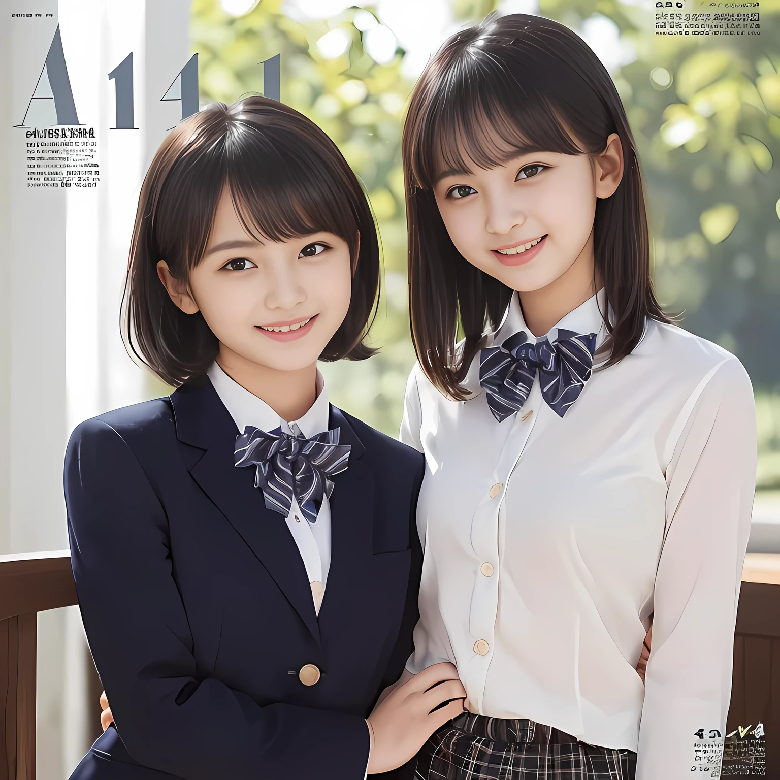 (highest quality, masterpiece:1.2), highest quality, Realistic, photograph, High resolution, 1080p, 8K, Physical Rendering, ((Height: 158cm)), Japanese girl、((((((A  beautiful Japanese magazine idle is looking at the viewer)))))), (((big very detailed beautiful dark brown eyes))), ((((laughing at me!)))), detailed fingers, (((curled blunt bangs))), ((((Very large and cute eyes, carefully drawn with great attention to detail)))), ((double eyelids)), (((long eyelashes))), ((cute lovely lovely laughing laughing cheeks)), ((The pure white light hits my nose and cheeks. Her eyes and white facial skin shine beautifully white.)), (((((Her facial features are very expressive lovely smile, very sweet, very very intelligent))))), ((((impressive plain navy large school ribbon bow tie in plain)))), ((((black very beautiful bobbed hair)))), (blue and navy colored tartan checkered formal long pleated pleated skirt), (((A formal dark blue blazer in solid that is slightly oversized and with a golden emblem))), ((As elegant as a noble princess))