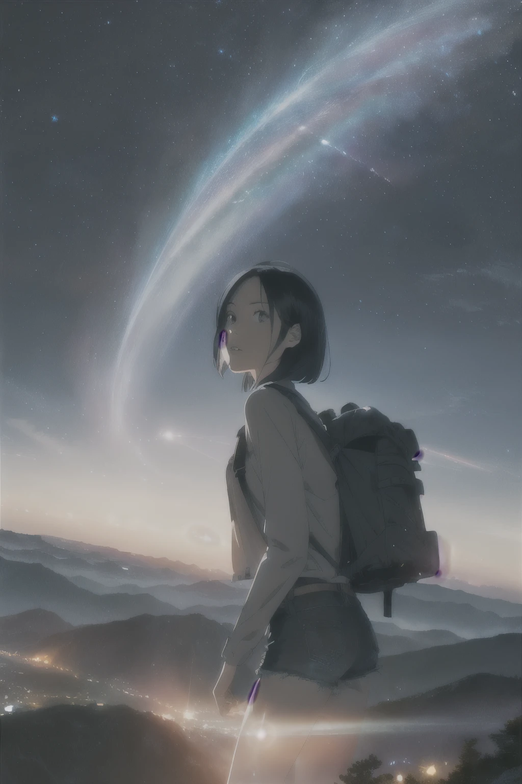 (beautiful and magnificent skyline, majestic sky), (extremely tense and dramatic pictures, moving visual effects), (high hanging Polaris, colorful natural light), (1girl), (long-sleeved top, denim shorts, carrying a backpack), (dynamic pose:1.3, black eyes, black hime-cut hair, sparkling girl)Standing on the mountain top、A starry sky、
