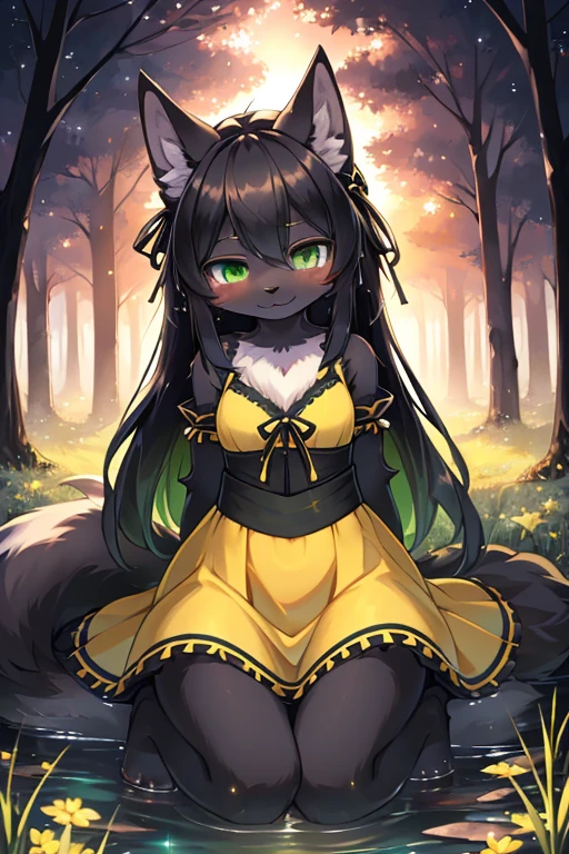 ( Absurdly , High quality , ultra detailed ) ,( hand detailed ) absurdres(highly detailed beautiful face and eyes)perfect anatomy, 1girl, solo, young, (wolf fox) (10-year-old (female black wolf), (flat chest) (bright green eyes), ((black fur, extremely long black hair))) ((wolf girl yellow dress)) Fluffy anthropomorphic wolf fox, Fluffy wolf, wolf tail, Body fur, (detailed eyes) black wolf, yellow cute dress with ribbon, pure black fur, yellow dress, dark blue ribbon, short nose, short snout, cute face, young kemono, knee length hair, adorable, cute shy posture, looking at viewer ((extremely detailed fur)) (extremely detailed eyes) calm ((adventure clothing (cute dress))), bright green eyes, hair goes down to feet, extremely long hair barefoot, (controlling green fire), sparkles, beautiful background, bright forest background, sunset, yellow dress 