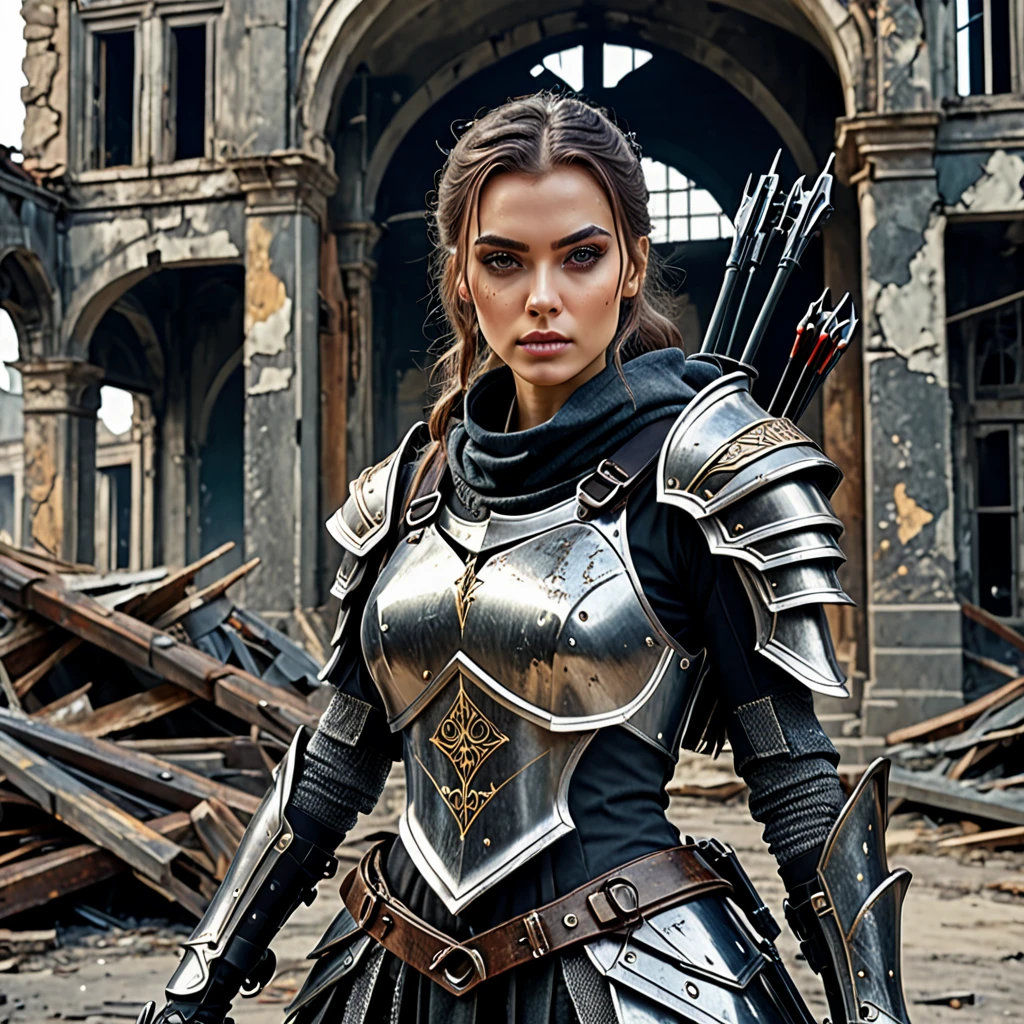 a beautiful woman, graceful face, wearing dystopian knight clothes, pointing a dual crossbow forward, sharp eyes full of determination, abandoned old building in the background, very detailed, texture detailed, intricate details, UHD, 8K
