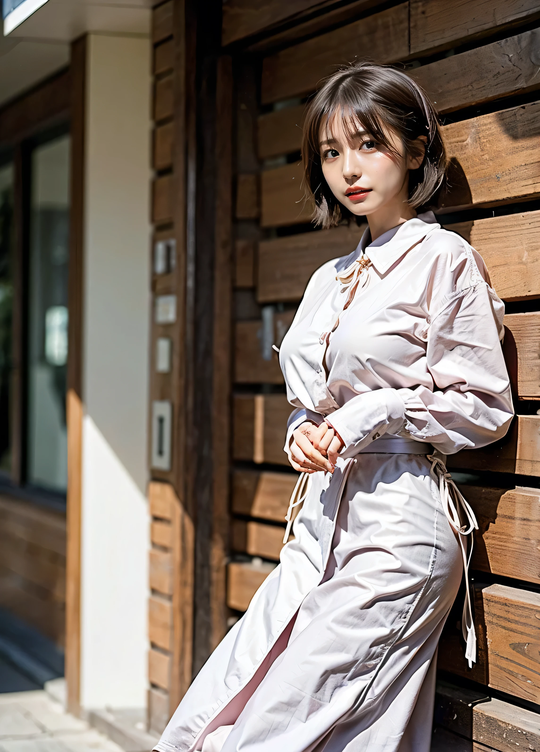 Fluffy perm hair、with rufflessleeveless、Braid only the front hair、Light brown hair、Teeth grinding、{{Cowgirl Shot}}、((Close-up shot from the waist up、Big Breasts:1.4))、Breast swelling、Big Breasts、Smile、Silk clothing、Big Breasts that can be seen even through clothes、Braid only the front hair、Cowboy Shot、Gorgeous white collared silk shirt and brown skirt、Wear it elegantly、Luxury Bags、Sex in a stylish love hotel with shining illuminations、A lovely smile、((Nagoya street corner))、Full body photo、ring、High-end clothing products、Short skirt、Tuck your hair behind one ear、Silver Necklace、smile、 Elegant ponytail、Caustics、Highly detailed photos、Very beautiful and ideal short hair、Big Breasts、Super no makeup、(8k、RAW Photos、highest quality、masterpiece:1.2)、(Realistic、Realistic)、1 girl、((Medium Short Hair、Looking into the camera:1.4))、Hair blowing in the wind