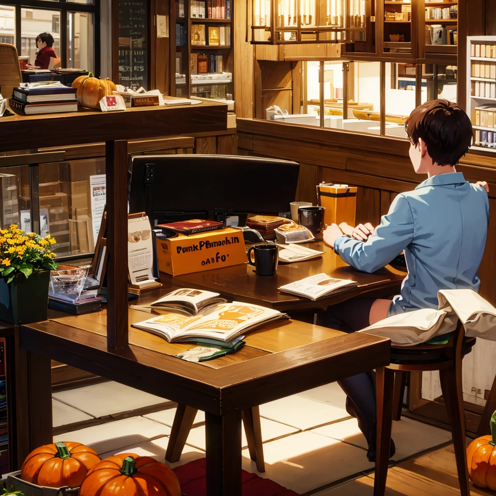 Cozy autumn cafe interior with warm lighting, Pumpkin Spice Latte, Read books、People working on laptops々.