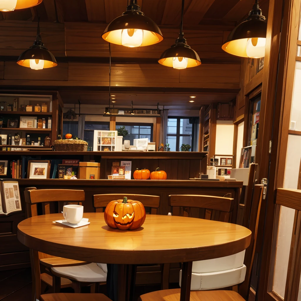 Cozy autumn cafe interior with warm lighting, Pumpkin Spice Latte, Read books、People working on laptops々.