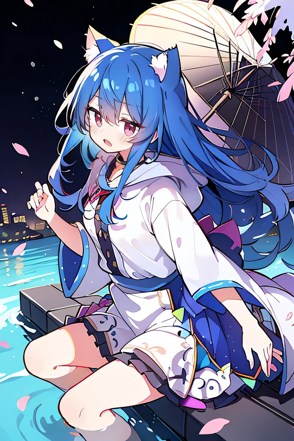 （masterpiece：1.2），Super detailed，lifelike，Expressive eyes，fair skin，perfect face shape，1 girl，
Japanese comics,Gorgeous blue hair,flowing blue hair,flowing clothes,Cat ears,Petals fall,beautiful lola,Baby Angel,
Shaking head with one hand，Cross your legs，Gentle and peaceful background，The pavilion is cool and comfortable,smile, wearing hoodie, background of tokyo,back views,snowing, winter,lie on the water. 