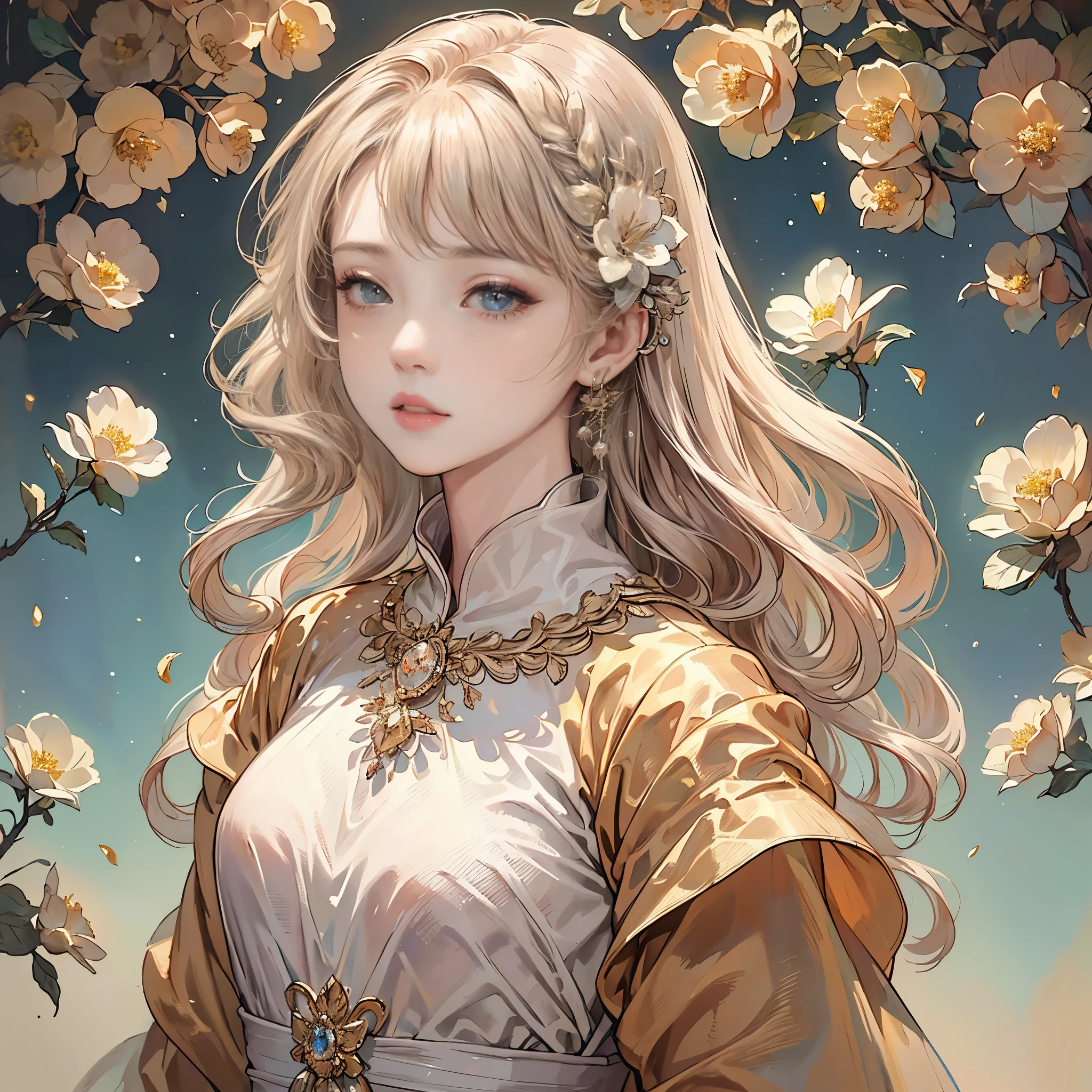 (best quality,8K,CG,Detailed upper body,,girl,Flower Dress,Forest background,expressive facial features,elegant long hair,Almond eyes,Exquisite eye makeup,Long fluttering eyelashes,Blinking eyes widely,Twinkling Stars,Intricate lip details,Pastel style)