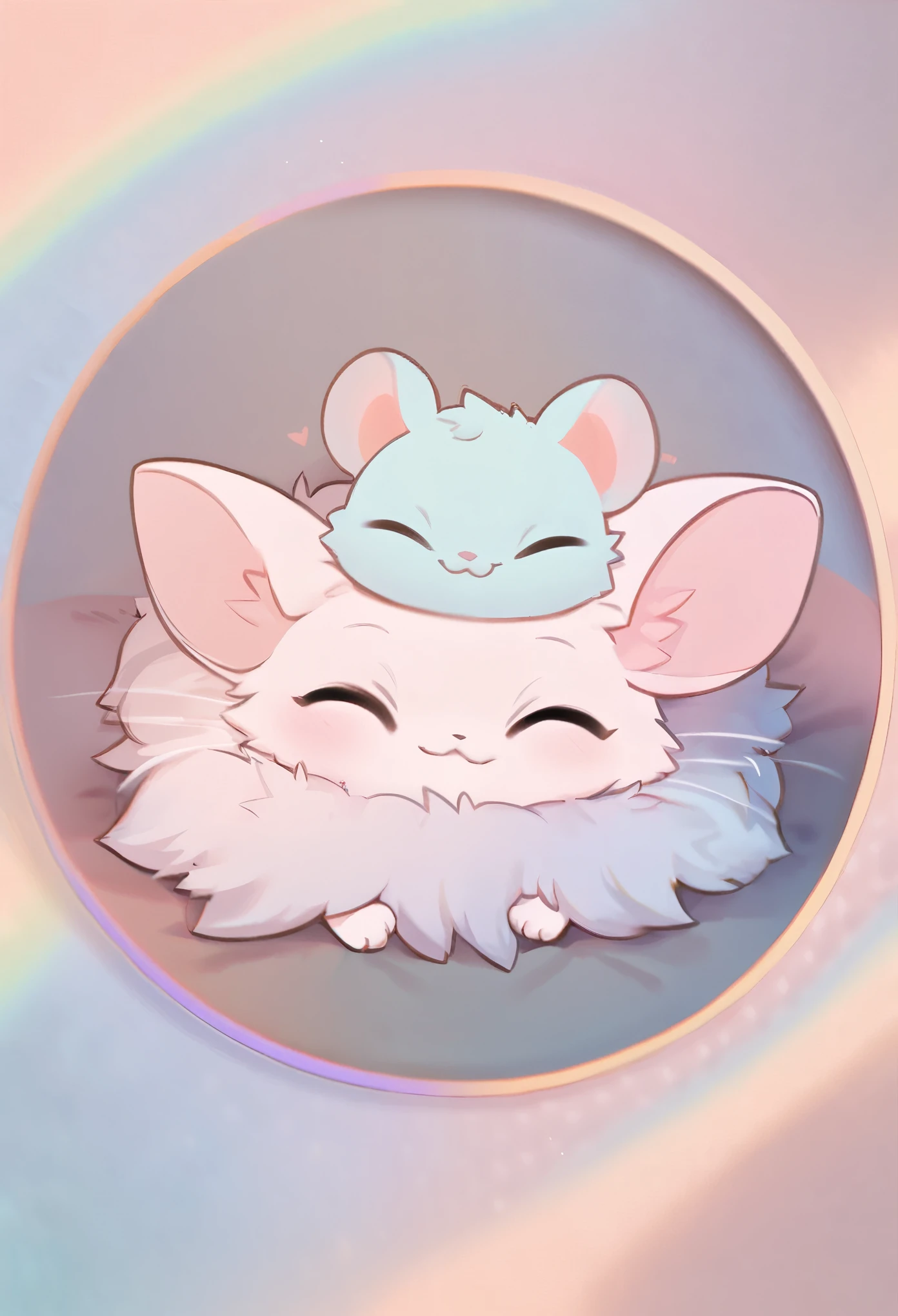 chibi, super deformed, furry, funny, fluffy, best quality, masterpiece, cat and mouse taking a nap, feeling safe when they are close together, friendly, cute, cute pose, pastel color fluffy image effect background