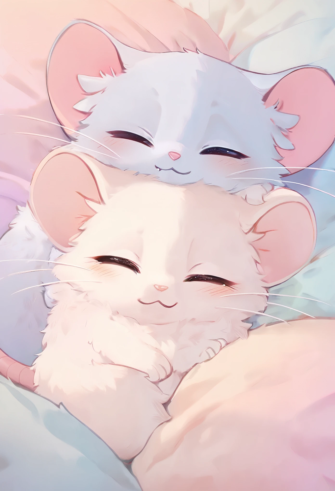 best quality, masterpiece, cat and mouse taking a nap, feeling safe when they are close together, friendly, cute, cute pose, pastel color fluffy image effect background