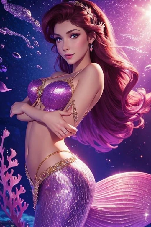 mermaid, underwater, long mermaid tail below waistline, pink fish scales on skin, brunette Megara wearing purple greek dress, face focus, beautiful portait, detailed face expression, best quality, official art, on night light background romantice, shinning eyes, disney animation style, best quality, digital art, 2D