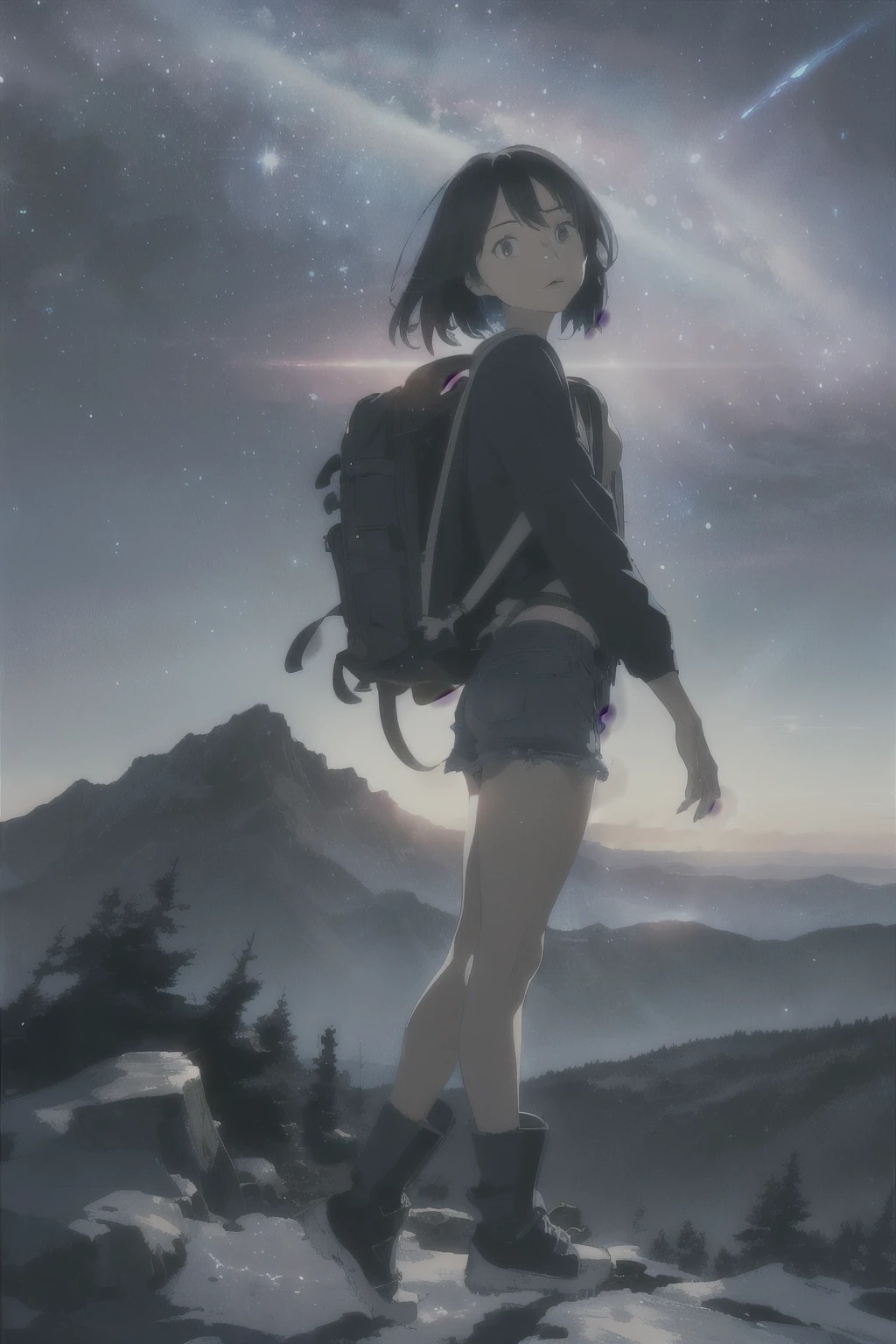 (beautiful and magnificent skyline, majestic sky), (extremely tense and dramatic pictures, moving visual effects), (high hanging Polaris, colorful natural light), (1girl), (long-sleeved top, denim shorts, carrying a backpack), (dynamic pose:1.3, black eyes, black hime-cut hair, sparkling girl)Standing on the mountain top、A starry sky、
