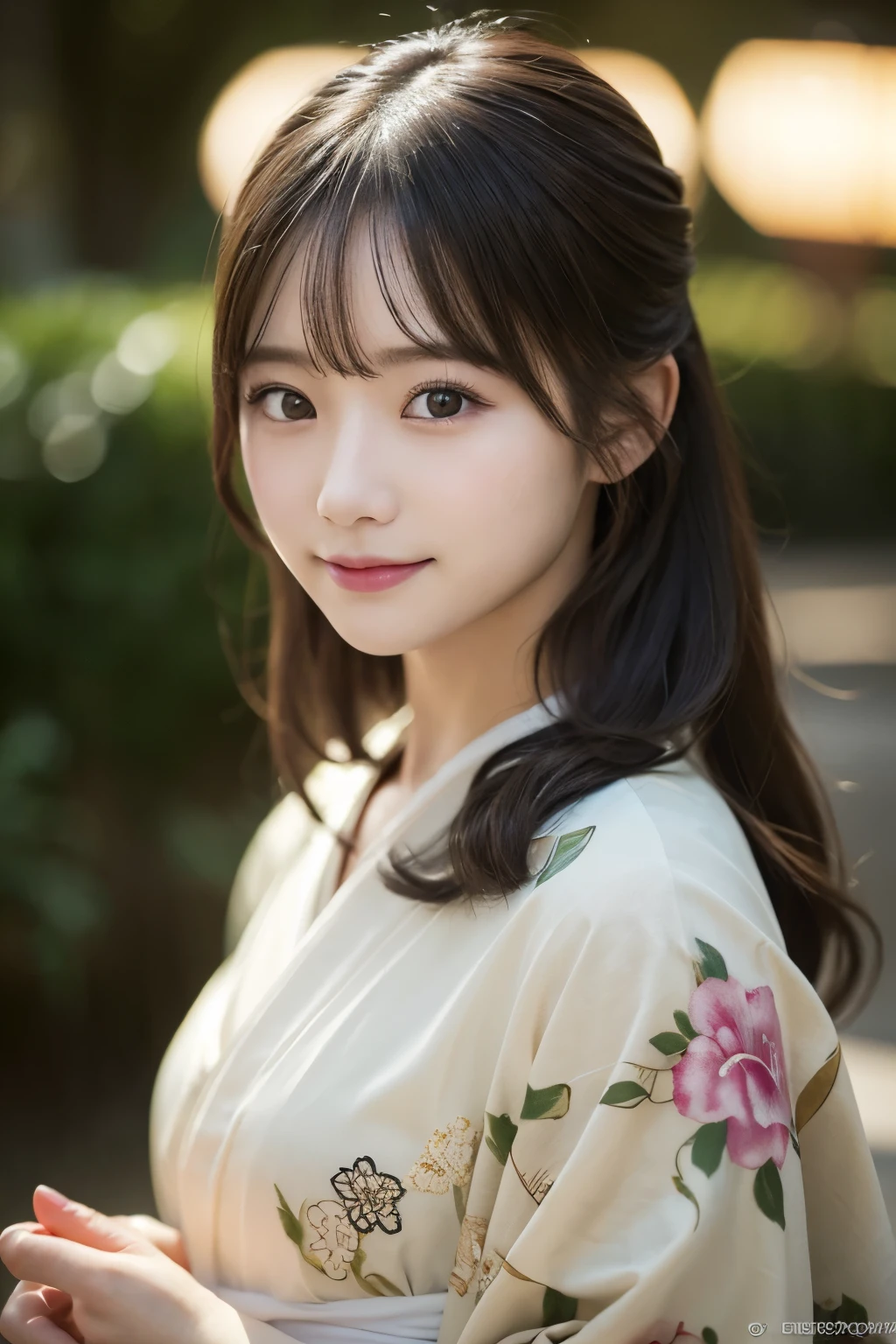 (kimono)、(highest quality、8k、High resolution、masterpiece:1.2)、Very detailed、(Realistic、photoRealistic、photo-Realistic:1.3)、Bokeh、Portraiture、smile、(Beautiful and detailed eyes、Young face、Detailed face、No makeup)、A little backlight、Depth of written boundary、chromatic aberration、Use natural light and color、Wide range of lighting、Natural Shading、Caustics