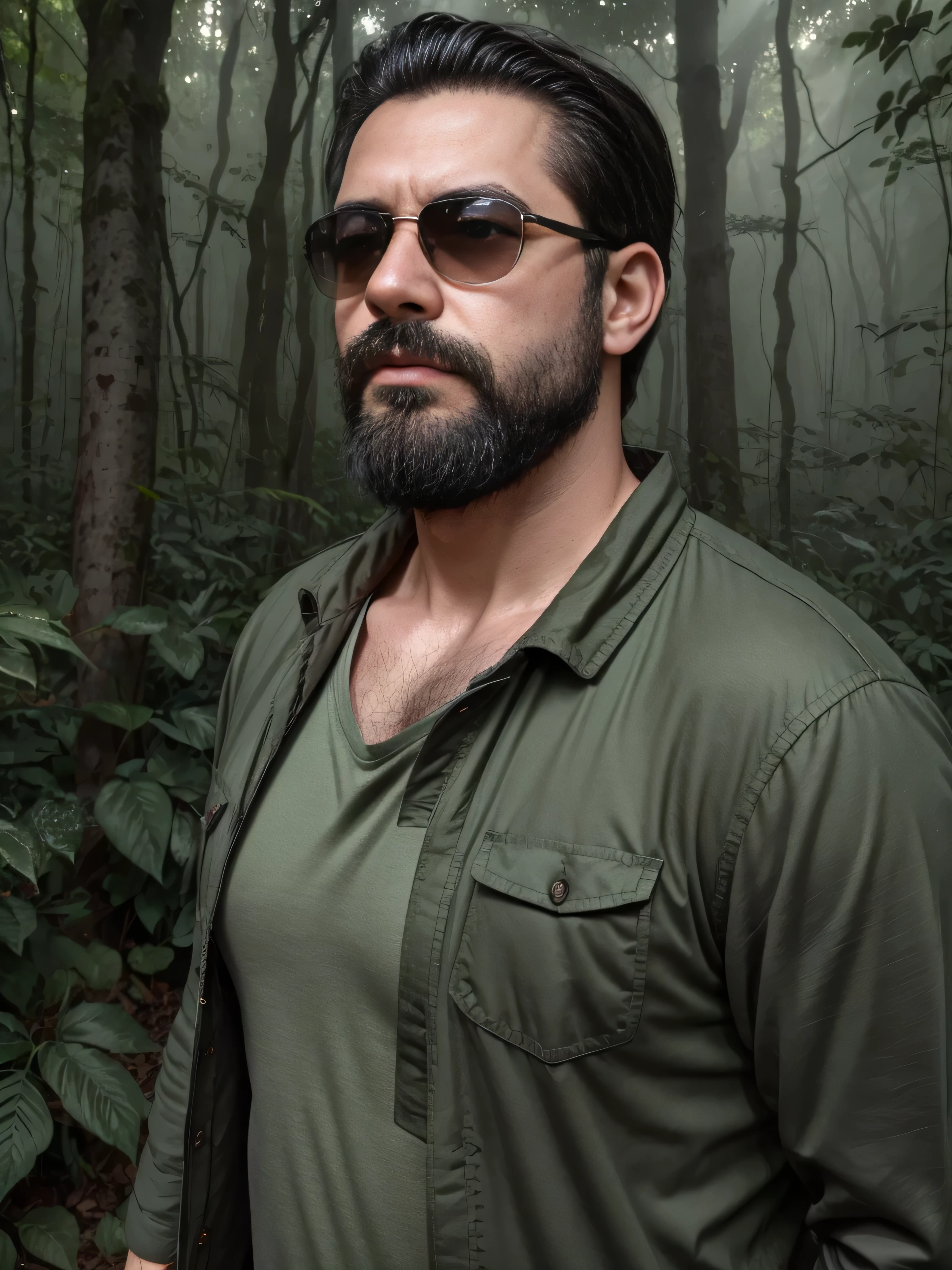 Create an ultra-detailed digital art image featuring a very masculine 38-year-old man with a beard and wearing dark sunglasses. He is shown in a medium shot, displaying the upper part of his body. The setting is a serene and mystical forest at dawn, with soft sunlight filtering through the trees. He wears a rugged, dark green jacket over a fitted shirt, blending with the natural surroundings. The forest is filled with lush greenery, dappled light, and an ethereal mist that adds a touch of magic to the scene. His expression is calm and contemplative, perfectly fitting the tranquil environment. The image should be rich in detail, capturing the texture of his clothing, the reflection in his sunglasses, and the serene beauty of the forest.