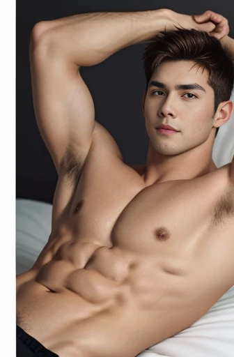 1boy, brown hair, side view, facing the camera, sexy G-string, shirtless, lifted arms, stretching, lying down on the bed, spread legs, Very detailed handsome face, Heroic, Large muscles, bedroom background, clean cut hair,